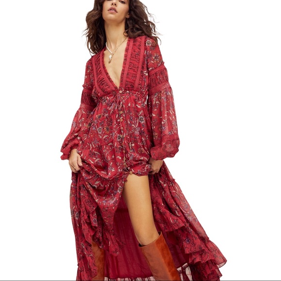Free People Dresses & Skirts - Free People Cassis Printed Chiffon Dress Sz Med